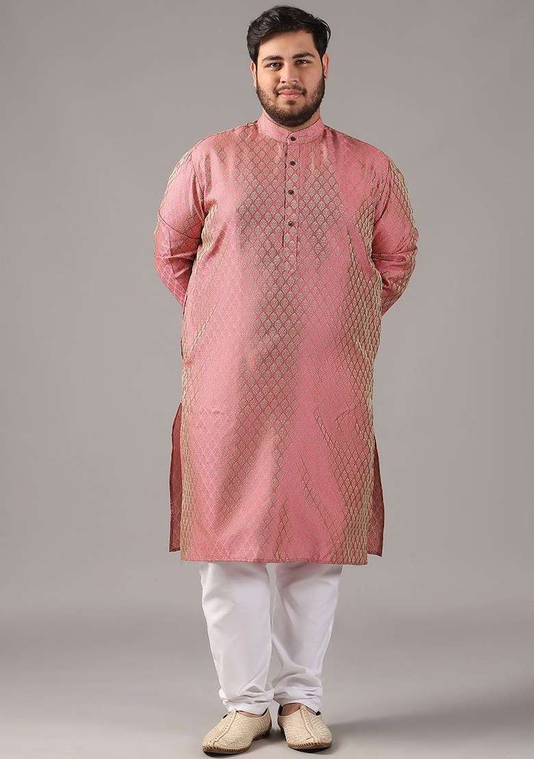 Pink Ethnic Motifs Poly Blend Kurta For Men - Indya