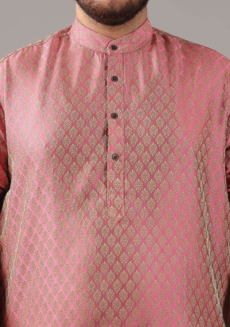 Pink Ethnic Motifs Poly Blend Kurta For Men - Indya
