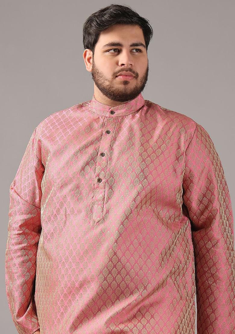 Pink Ethnic Motifs Poly Blend Kurta For Men