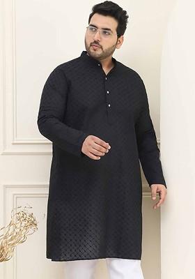 Black Embroidered Cotton Kurta For Men