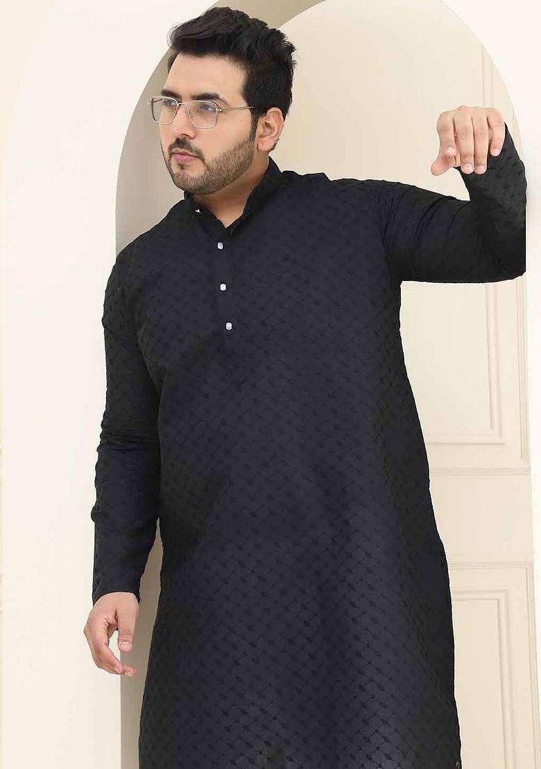 Black Embroidered Cotton Kurta For Men
