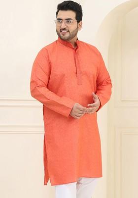 Coral Pink Checked Cotton Kurta For Men