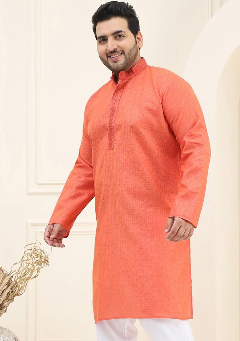 Coral Pink Checked Cotton Kurta For Men