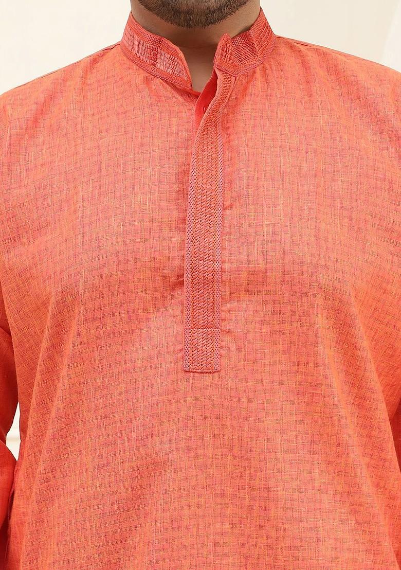 Coral Pink Checked Cotton Kurta For Men