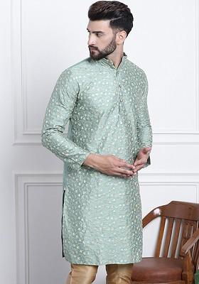 Green Embroidered Cotton Kurta For Men