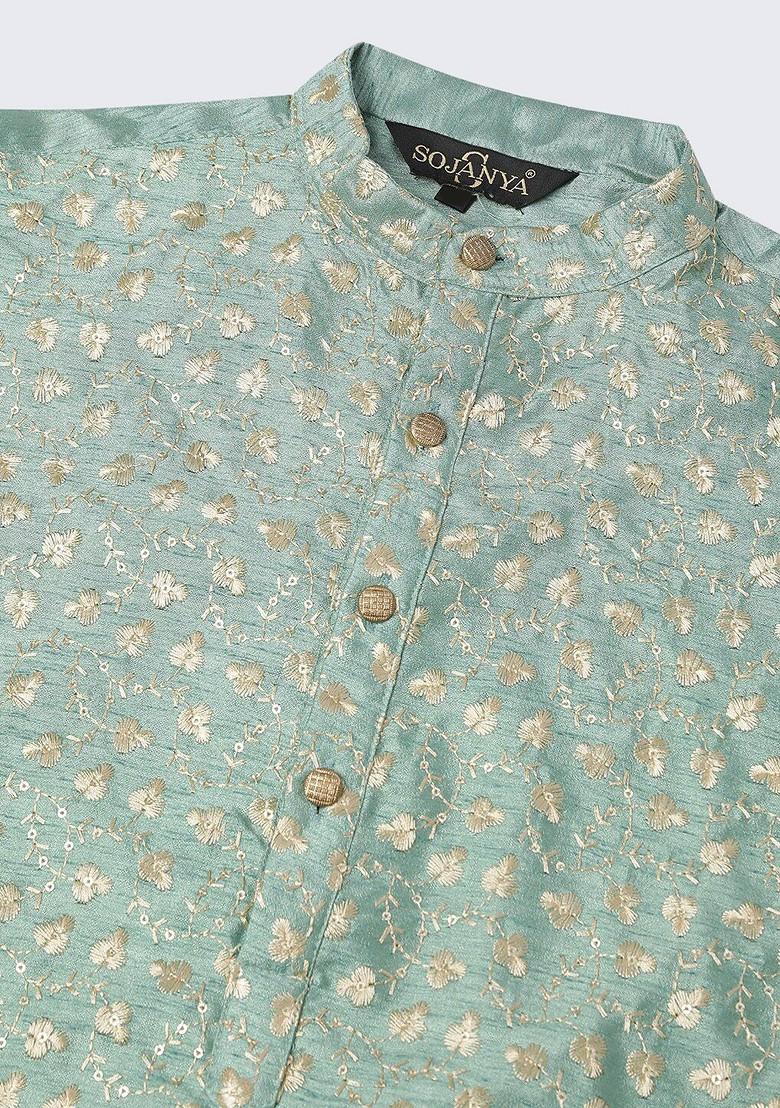 Green Embroidered Cotton Kurta For Men