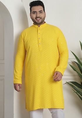 Yellow Embroidered Cotton Kurta For Men