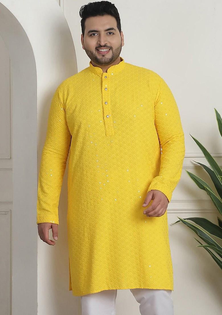 Yellow Embroidered Cotton Kurta For Men