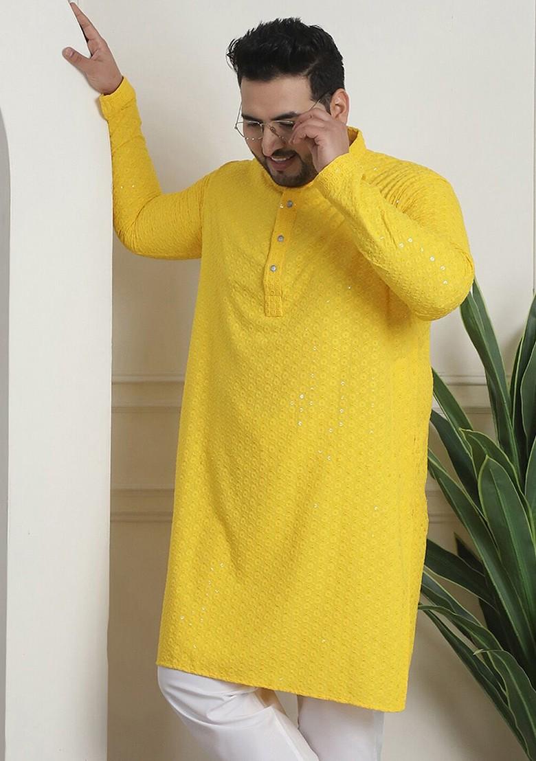 Yellow Embroidered Cotton Kurta For Men