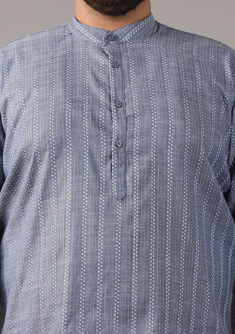 Grey Woven Cotton Kurta For Men