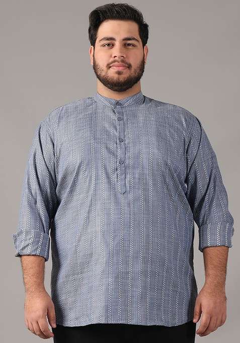 Grey Woven Cotton Kurta For Men