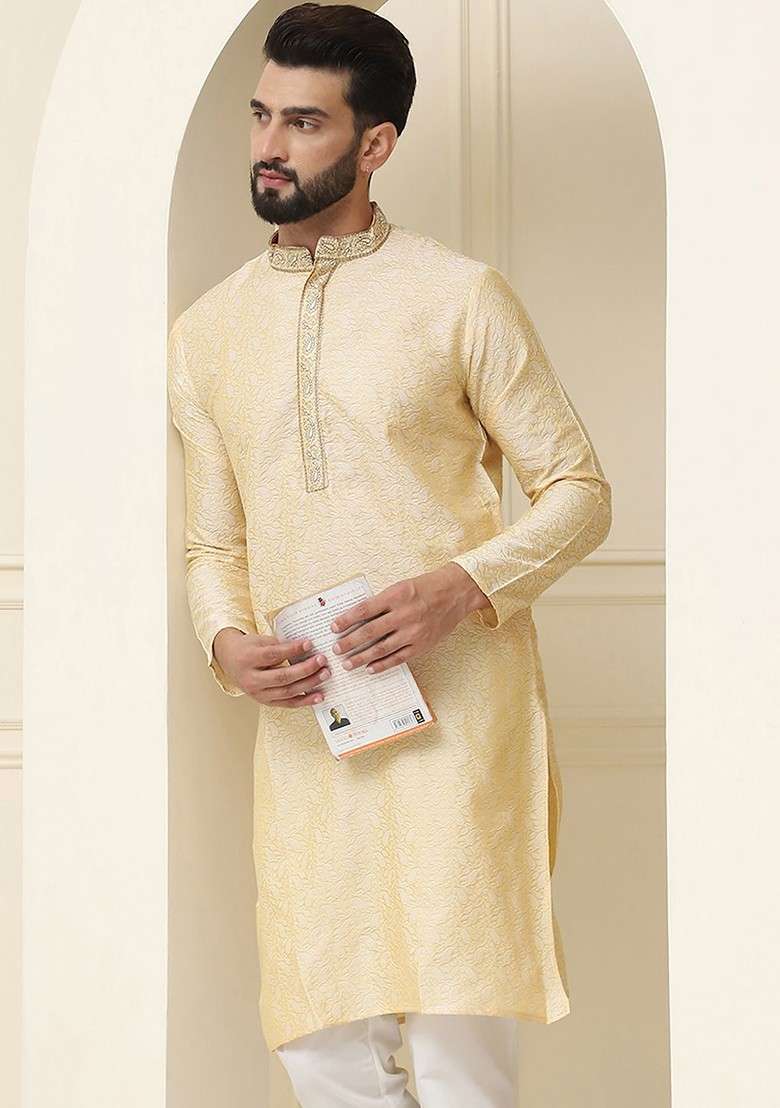 Gold Embroidered Poly Blend Kurta For Men - Indya