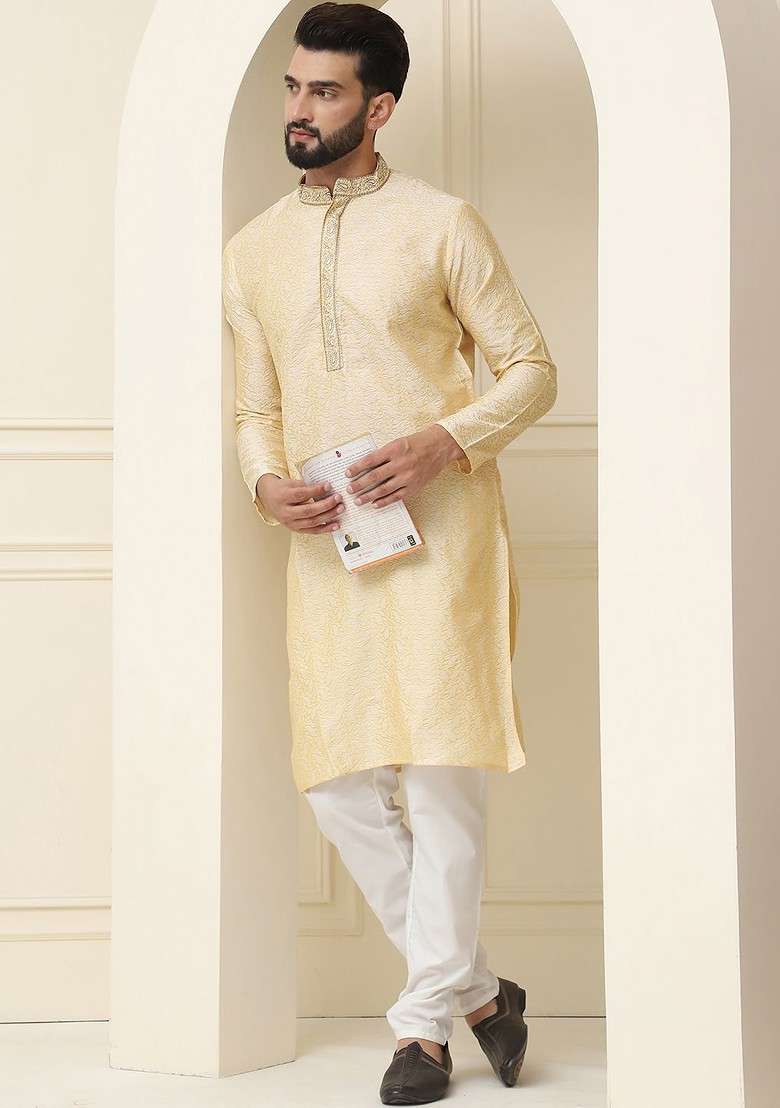 Gold Embroidered Poly Blend Kurta For Men - Indya