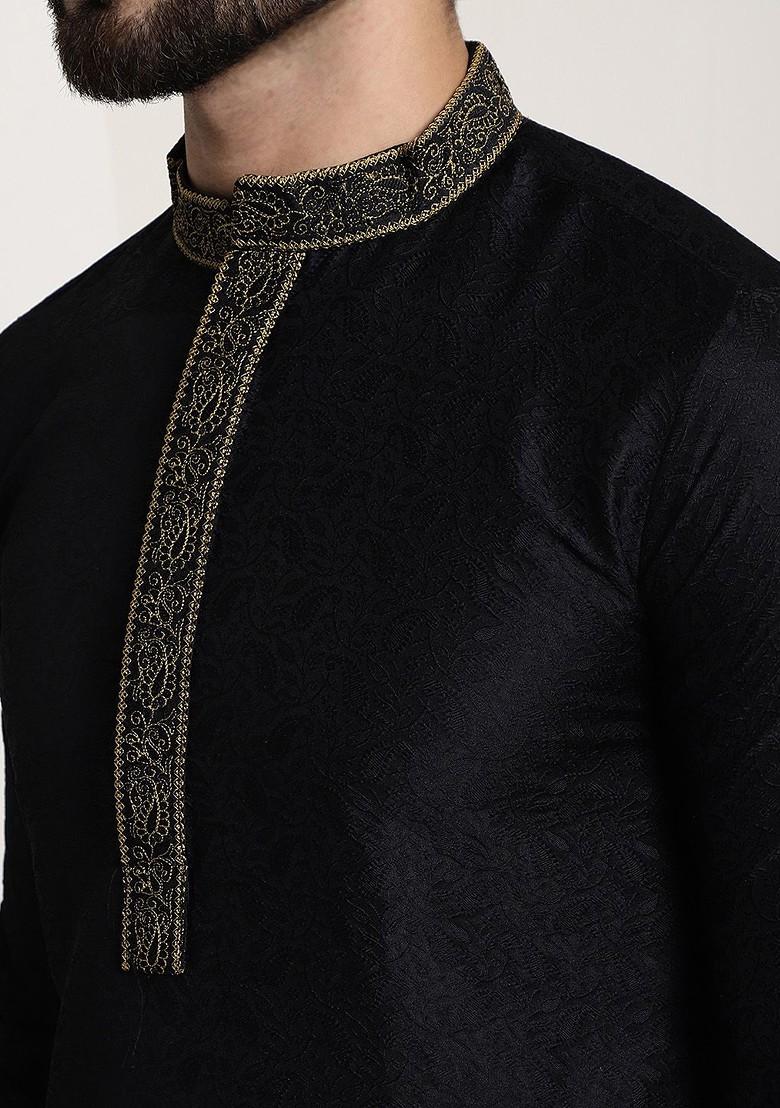 Black Woven Poly Blend Kurta For Men