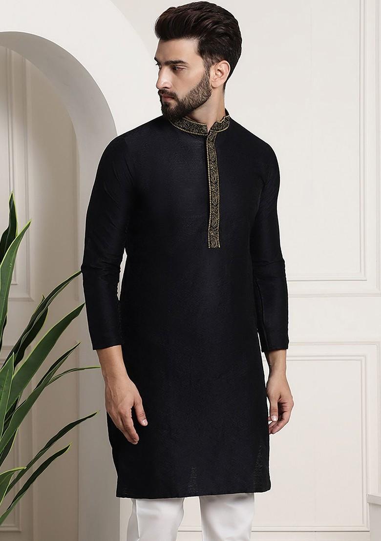 Black Woven Poly Blend Kurta For Men