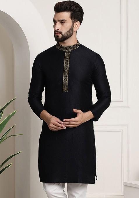 Black Woven Poly Blend Kurta For Men — view on Indya