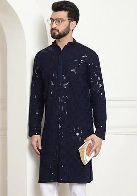 Navy Blue Embellished Cotton Kurta For Men