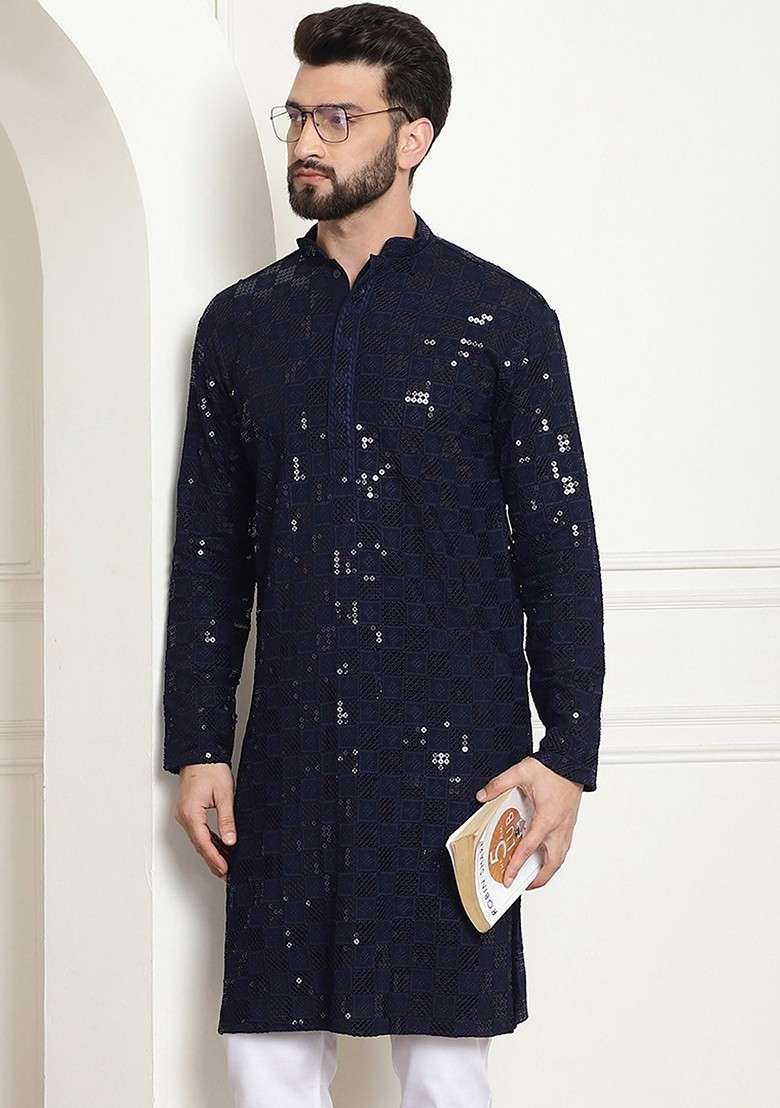 Navy Blue Embellished Cotton Kurta For Men - Indya