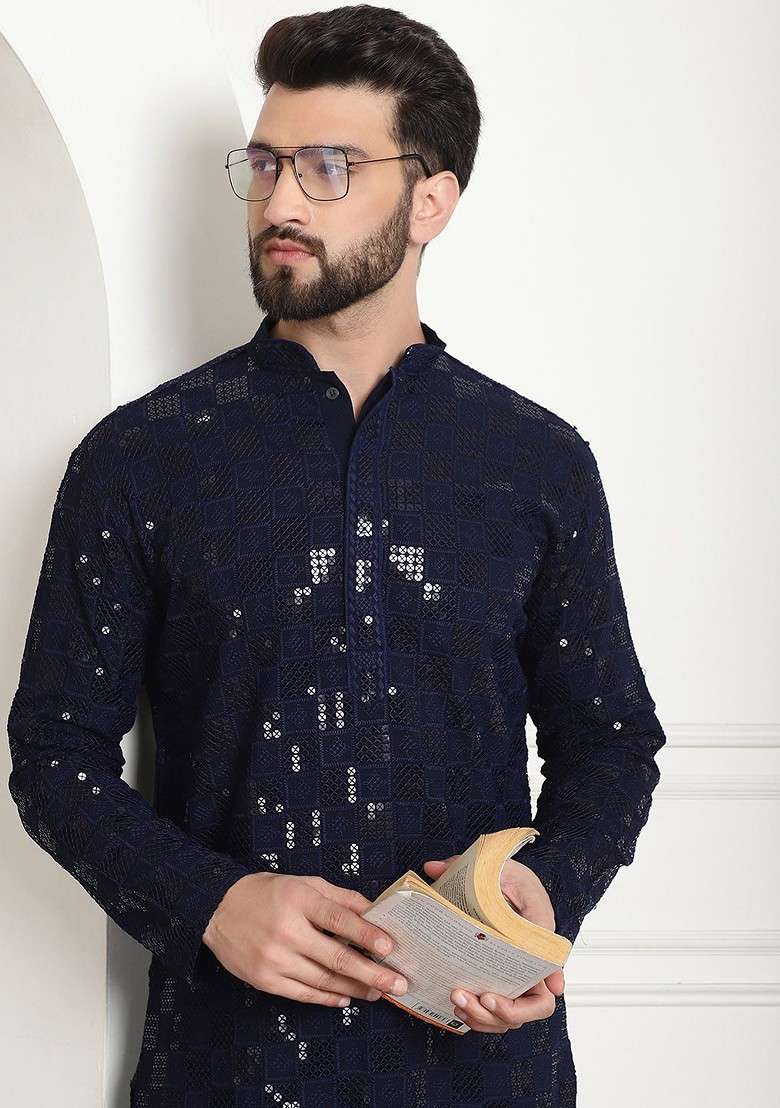 Navy Blue Embellished Cotton Kurta For Men - Indya