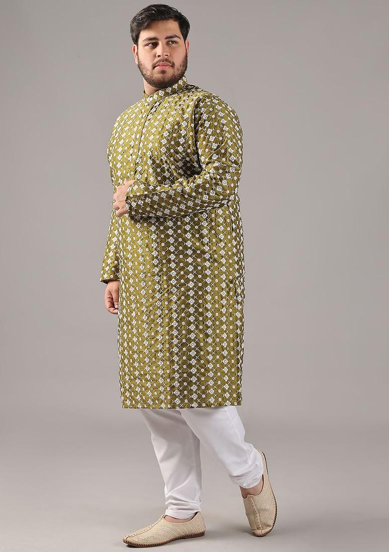 Green Thread Work Poly Blend Kurta For Men