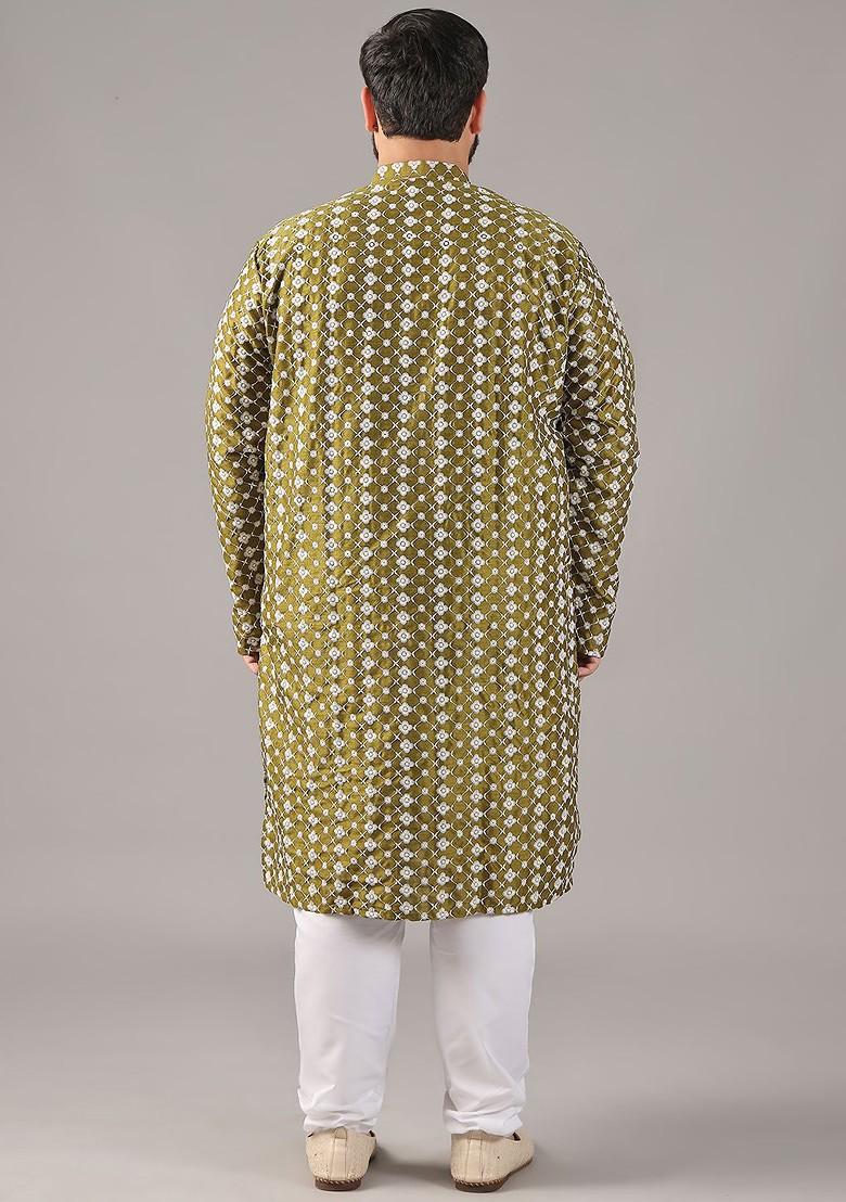 Green Thread Work Poly Blend Kurta For Men