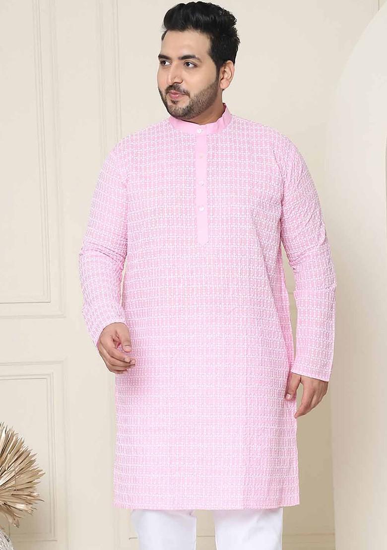 Pink Embroidered Cotton Kurta For Men