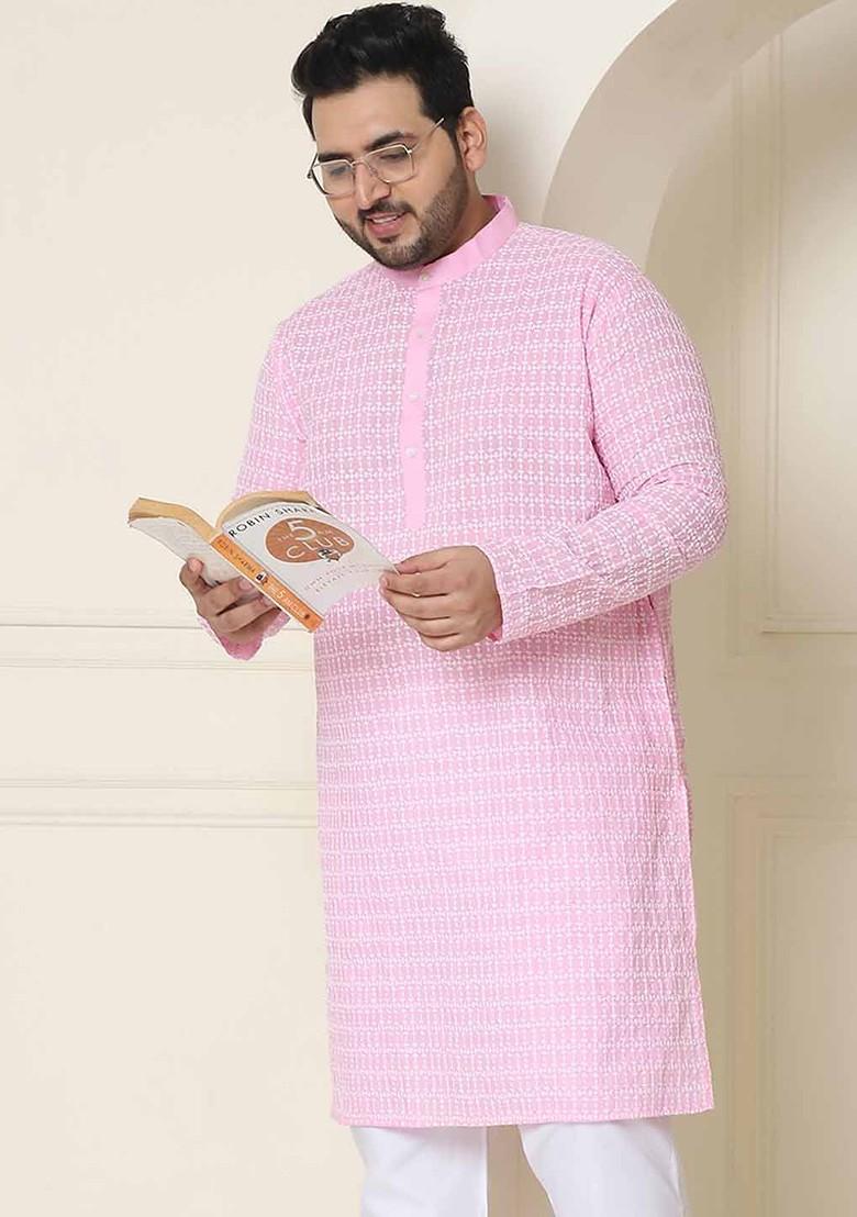 Pink Embroidered Cotton Kurta For Men