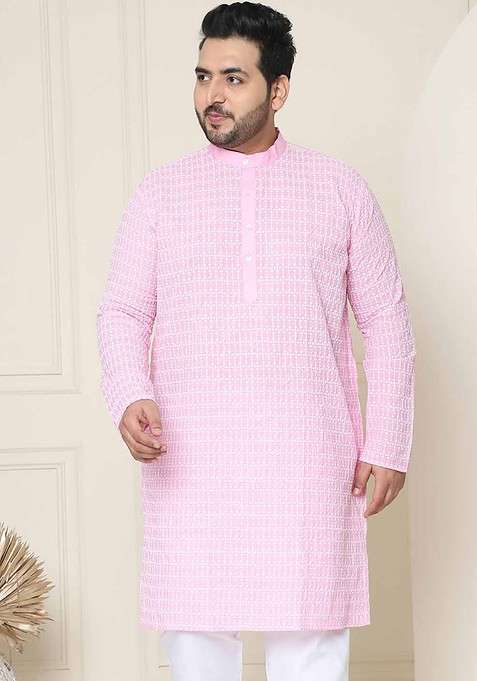 Pink Embroidered Cotton Kurta For Men
