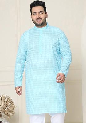 Blue Embroidered Cotton Kurta For Men
