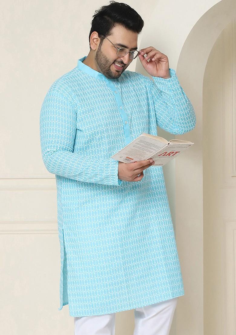 Blue Embroidered Cotton Kurta For Men