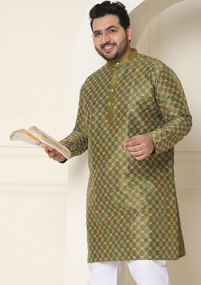 Olive Embroidered Poly Blend Kurta For Men