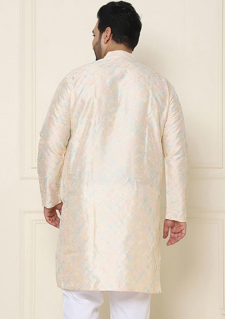 Cream Thread Work Poly Blend Kurta For Men