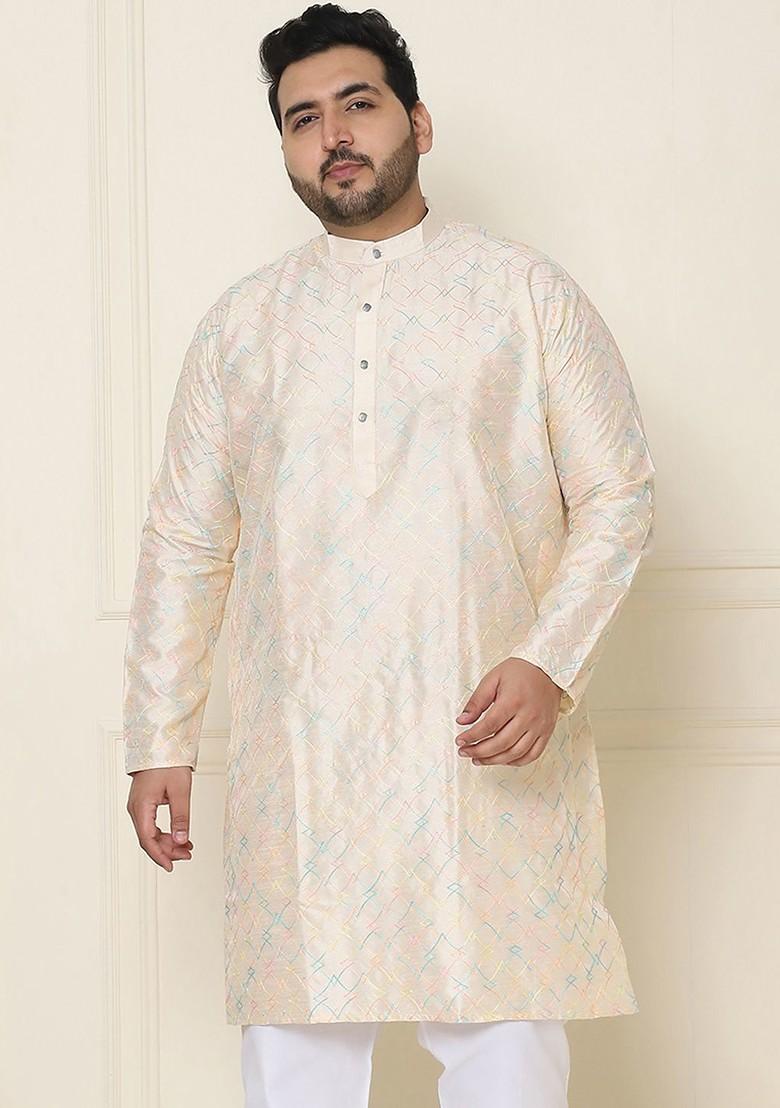Cream Thread Work Poly Blend Kurta For Men