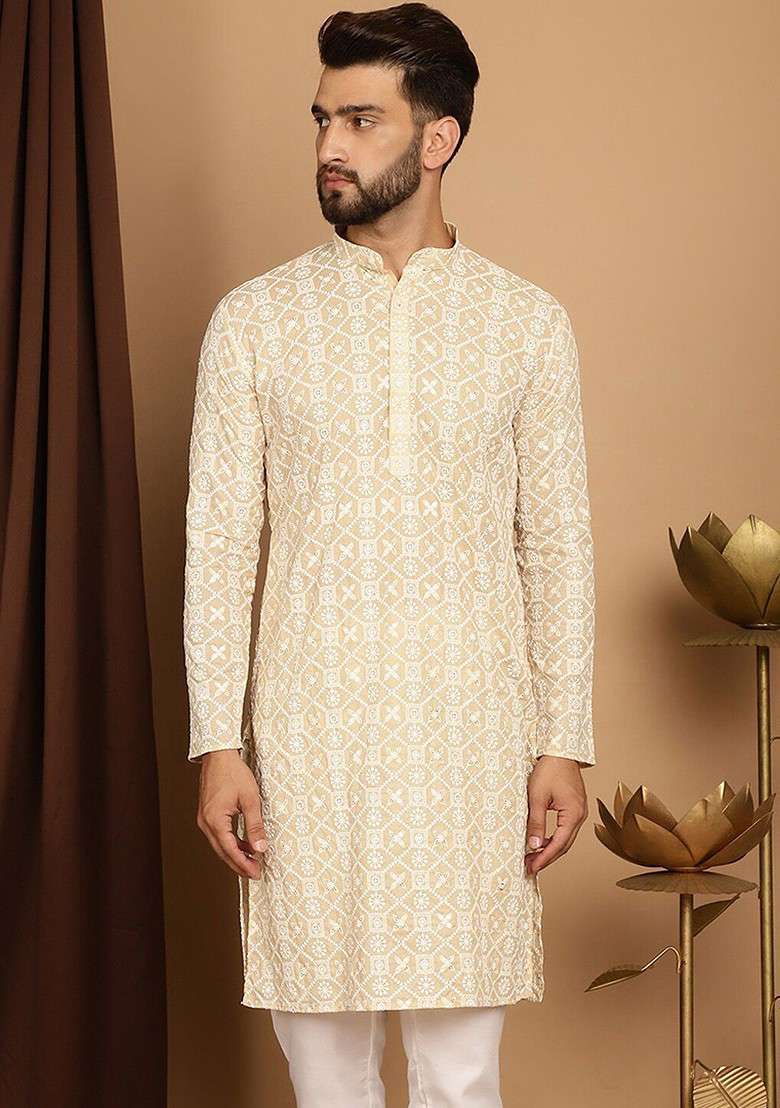 Beige Embroidered Cotton Kurta For Men - Indya