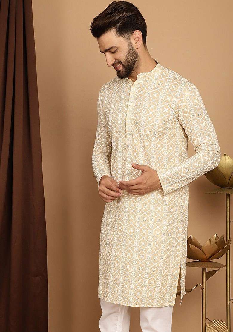 Beige Embroidered Cotton Kurta For Men - Indya