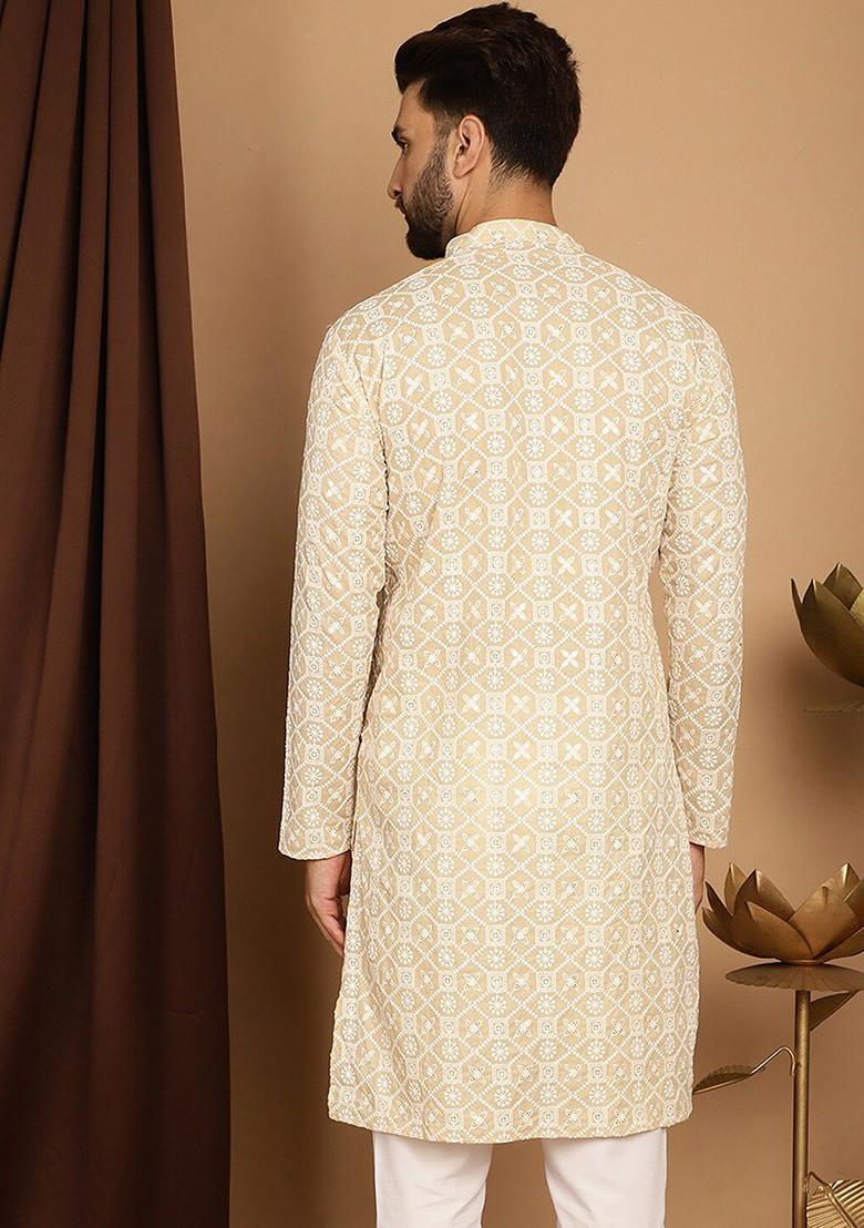 Beige Embroidered Cotton Kurta For Men