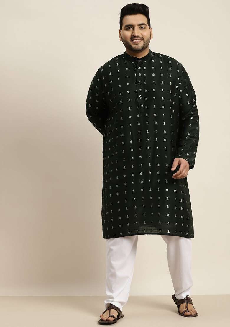 Green Solid Cotton Kurta For Men - Indya