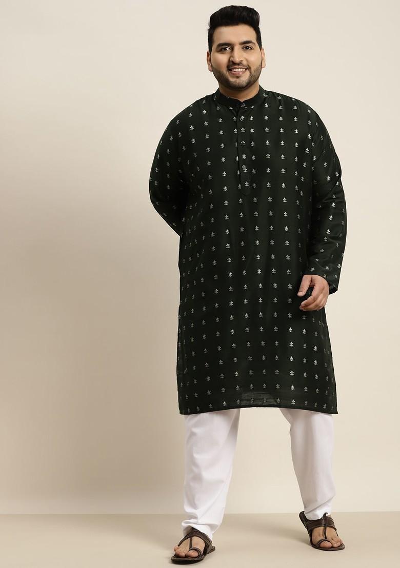 Green Solid Cotton Kurta For Men
