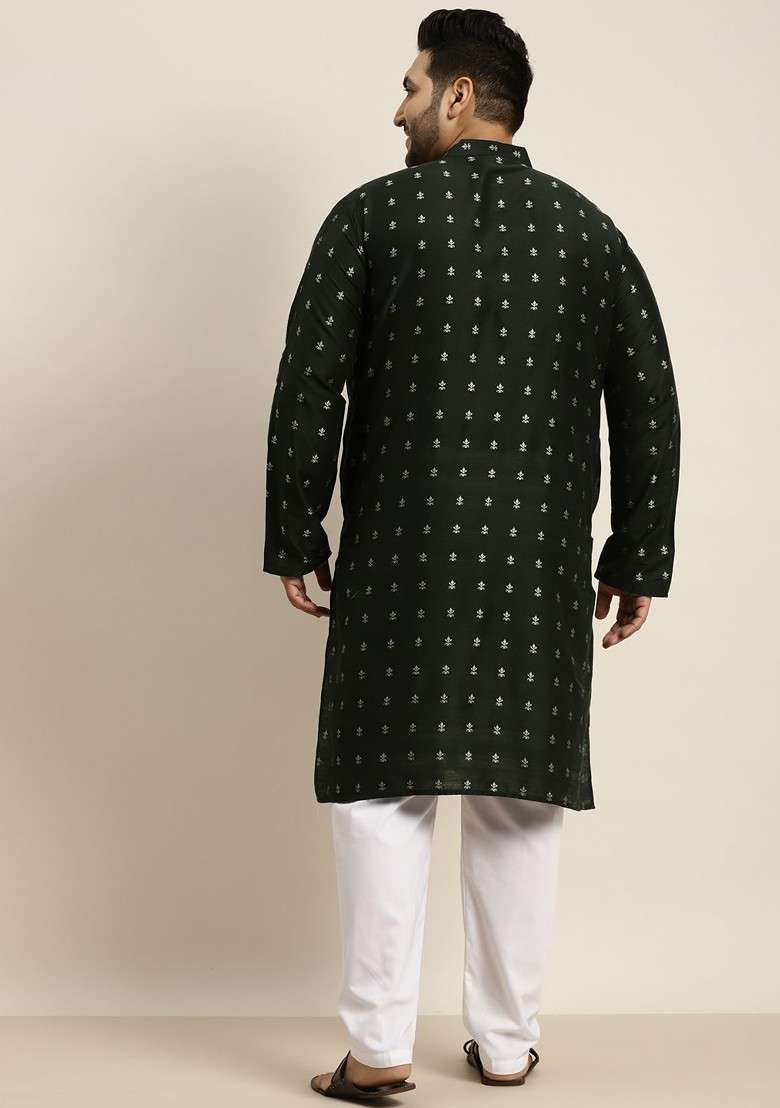 Green Solid Cotton Kurta For Men - Indya