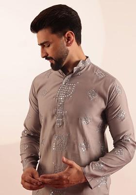 Grey Embroidered Poly Blend Kurta For Men