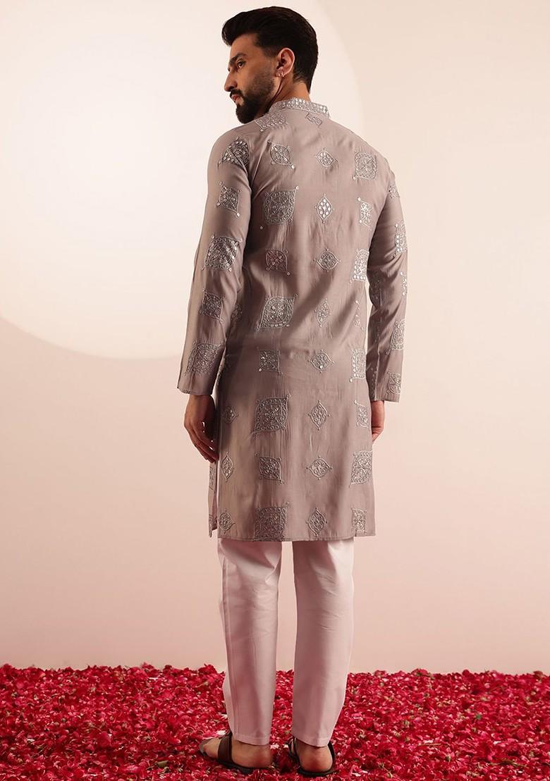 Grey Embroidered Poly Blend Kurta For Men