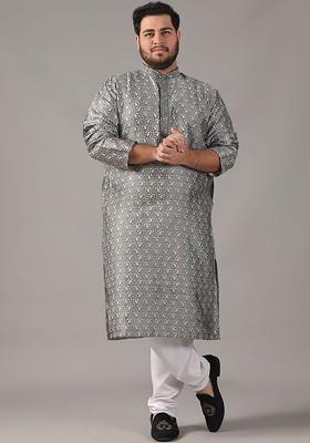 Grey Printed Poly Blend Kurta For Men