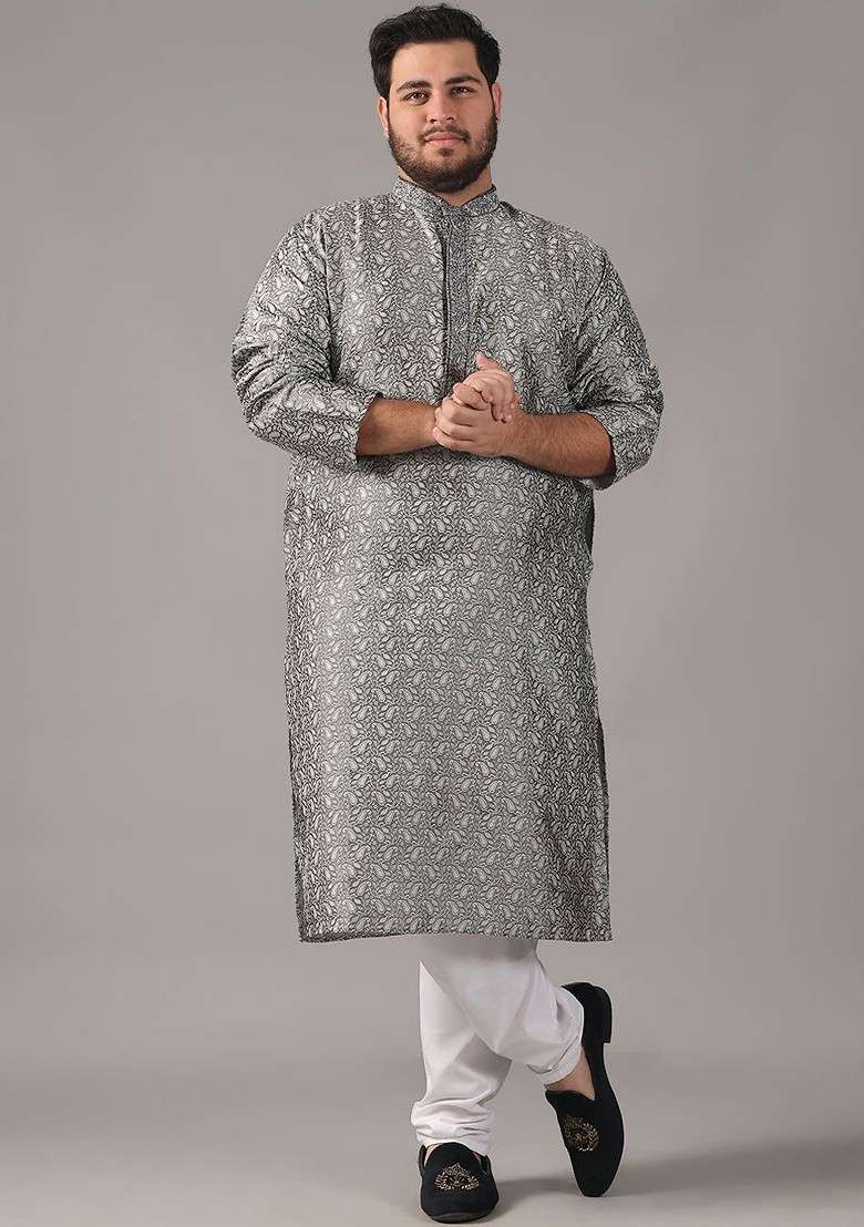 Grey Printed Poly Blend Kurta For Men - Indya