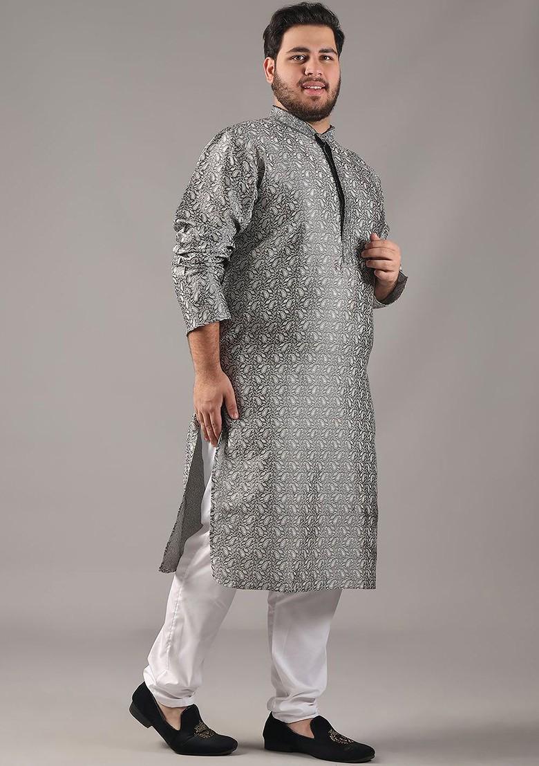 Grey Printed Poly Blend Kurta For Men