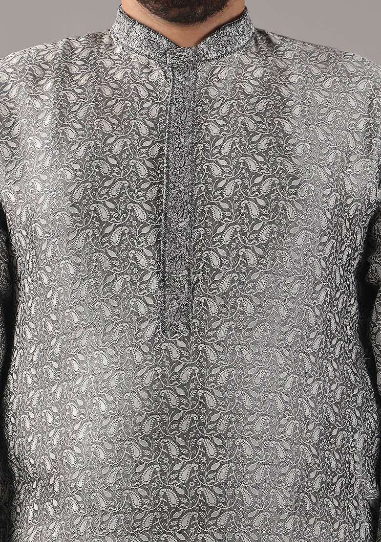 Grey Printed Poly Blend Kurta For Men - Indya