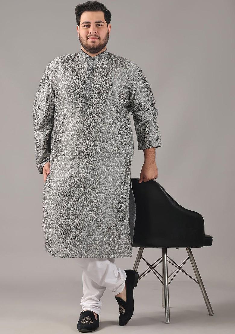 Grey Printed Poly Blend Kurta For Men