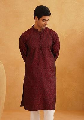 Maroon Woven Poly Blend Kurta For Men