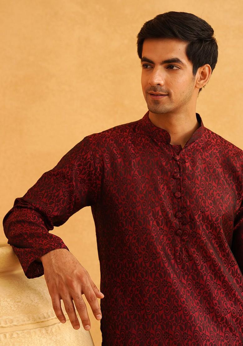 Maroon Woven Poly Blend Kurta For Men