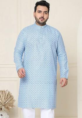 Turquoise Blue Ethnic Motifs Poly Blend Kurta For Men
