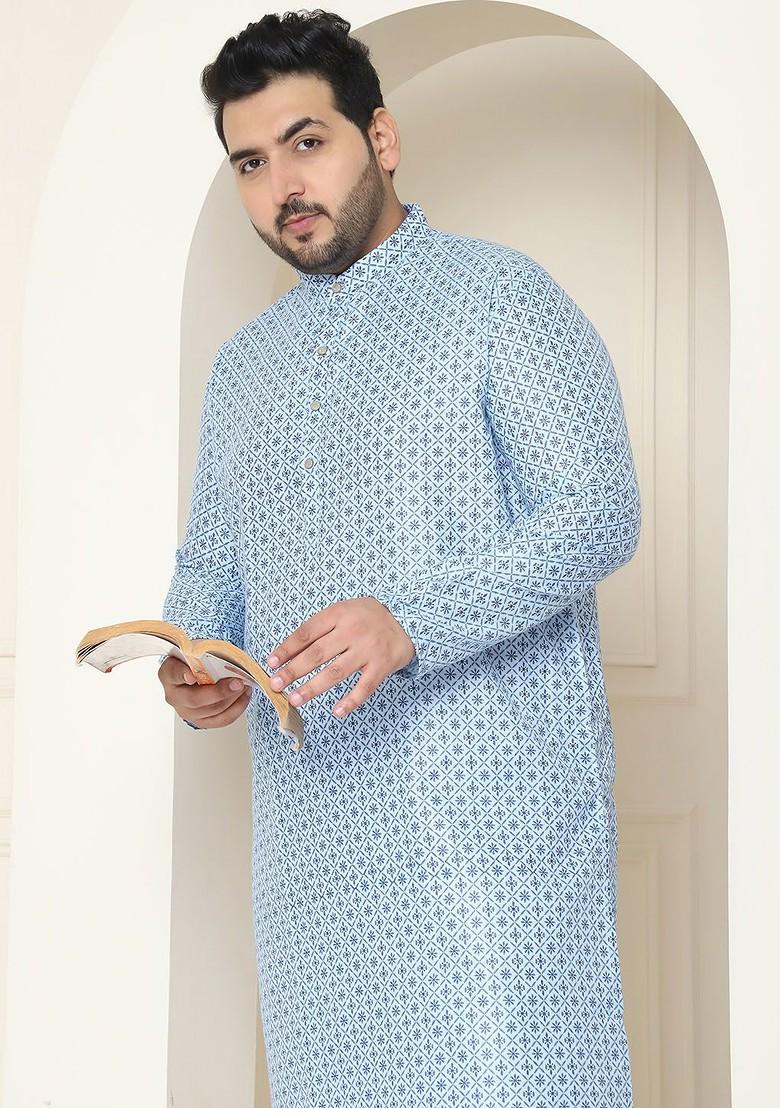 Turquoise Blue Ethnic Motifs Poly Blend Kurta For Men
